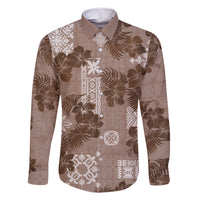 Vintage Hawaii Family Matching Long Sleeve Bodycon Dress and Hawaiian Shirt Hibiscus Mix Hawaiian Quilt Patches - Brown LT7 Dad's Shirt - Long Sleeve Brown - Polynesian Pride