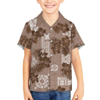 Vintage Hawaii Family Matching Long Sleeve Bodycon Dress and Hawaiian Shirt Hibiscus Mix Hawaiian Quilt Patches - Brown LT7 Son's Shirt Brown - Polynesian Pride
