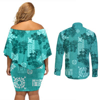 Vintage Hawaii Couples Matching Off Shoulder Short Dress and Long Sleeve Button Shirt Hibiscus Mix Hawaiian Quilt Patches - Teal LT7 - Polynesian Pride