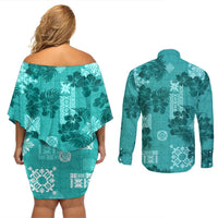 Vintage Hawaii Couples Matching Off Shoulder Short Dress and Long Sleeve Button Shirt Hibiscus Mix Hawaiian Quilt Patches - Teal LT7 - Polynesian Pride