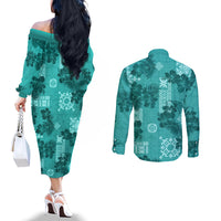 Vintage Hawaii Couples Matching Off The Shoulder Long Sleeve Dress and Long Sleeve Button Shirt Hibiscus Mix Hawaiian Quilt Patches - Teal LT7 - Polynesian Pride