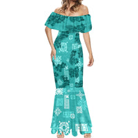Vintage Hawaii Mermaid Dress Hibiscus Mix Hawaiian Quilt Patches - Teal LT7 - Polynesian Pride