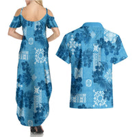 Hawaii Tapa Couples Matching Summer Maxi Dress and Hawaiian Shirt Hibiscus Mix Hawaiian Quilt Patches - Blue LT7 - Polynesian Pride