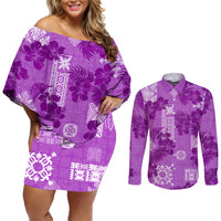 Hawaii Tapa Couples Matching Off Shoulder Short Dress and Long Sleeve Button Shirt Hibiscus Mix Hawaiian Quilt Patches - Violet LT7 Violet - Polynesian Pride