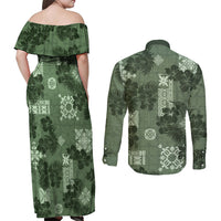 Hawaii Tapa Couples Matching Off Shoulder Maxi Dress and Long Sleeve Button Shirt Hibiscus Mix Hawaiian Quilt Patches - Sage Green LT7 - Polynesian Pride