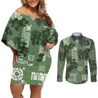 Hawaii Tapa Couples Matching Off Shoulder Short Dress and Long Sleeve Button Shirt Hibiscus Mix Hawaiian Quilt Patches - Sage Green LT7 Sage Green - Polynesian Pride