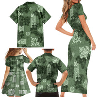 Hawaii Tapa Family Matching Short Sleeve Bodycon Dress and Hawaiian Shirt Hibiscus Mix Hawaiian Quilt Patches - Sage Green LT7 - Polynesian Pride