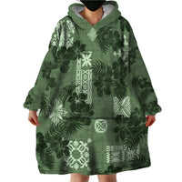 Hawaii Tapa Wearable Blanket Hoodie Hibiscus Mix Hawaiian Quilt Patches - Sage Green LT7 - Polynesian Pride