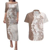 Polynesian Beige Plumeria Lei Couples Matching Puletasi and Hawaiian Shirt with Hammerhead Shark