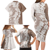 Polynesian Beige Plumeria Lei Family Matching Long Sleeve Bodycon Dress and Hawaiian Shirt with Hammerhead Shark