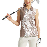 Polynesian Beige Plumeria Lei Women Sleeveless Polo Shirt with Hammerhead Shark