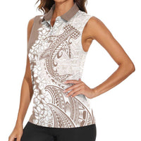 Polynesian Beige Plumeria Lei Women Sleeveless Polo Shirt with Hammerhead Shark