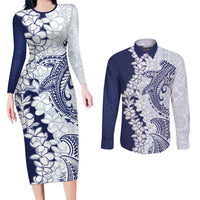 Polynesian Navy Blue Plumeria Lei Couples Matching Long Sleeve Bodycon Dress and Long Sleeve Button Shirt with Hammerhead Shark