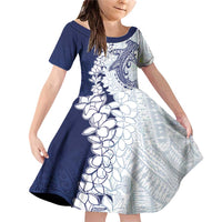 Polynesian Navy Blue Plumeria Lei Family Matching Off Shoulder Short Dress and Hawaiian Shirt with Hammerhead Shark