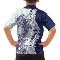 Polynesian Navy Blue Plumeria Lei Family Matching Tank Maxi Dress and Hawaiian Shirt with Hammerhead Shark