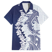 Polynesian Navy Blue Plumeria Lei Family Matching Tank Maxi Dress and Hawaiian Shirt with Hammerhead Shark