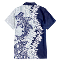 Polynesian Navy Blue Plumeria Lei Family Matching Tank Maxi Dress and Hawaiian Shirt with Hammerhead Shark