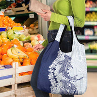 Polynesian Navy Blue Plumeria Lei Grocery Bag with Hammerhead Shark