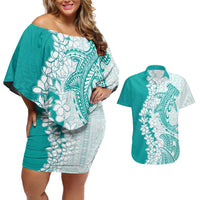 Polynesian Teal Plumeria Lei Couples Matching Off Shoulder Short Dress and Hawaiian Shirt with Hammerhead Shark