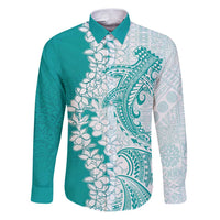 Polynesian Teal Plumeria Lei Family Matching Puletasi and Hawaiian Shirt with Hammerhead Shark