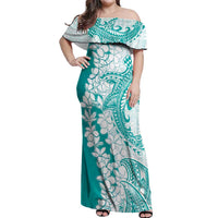 Polynesian Teal Plumeria Lei Off Shoulder Maxi Dress with Hammerhead Shark