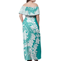 Polynesian Teal Plumeria Lei Off Shoulder Maxi Dress with Hammerhead Shark