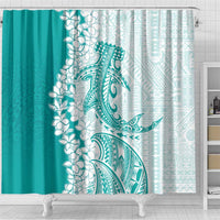 Polynesian Teal Plumeria Lei Shower Curtain with Hammerhead Shark