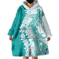 Polynesian Teal Plumeria Lei Wearable Blanket Hoodie with Hammerhead Shark