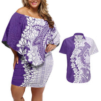 Polynesian Purple Plumeria Lei Couples Matching Off Shoulder Short Dress and Hawaiian Shirt with Hammerhead Shark