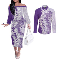 Polynesian Purple Plumeria Lei Couples Matching Off The Shoulder Long Sleeve Dress and Long Sleeve Button Shirt with Hammerhead Shark