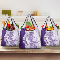 Polynesian Purple Plumeria Lei Grocery Bag with Hammerhead Shark