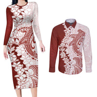 Polynesian Crimson Plumeria Lei Couples Matching Long Sleeve Bodycon Dress and Long Sleeve Button Shirt with Hammerhead Shark