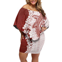 Polynesian Crimson Plumeria Lei Family Matching Off Shoulder Short Dress and Hawaiian Shirt with Hammerhead Shark