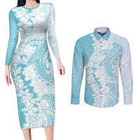 Polynesian Turquoise Plumeria Lei Couples Matching Long Sleeve Bodycon Dress and Long Sleeve Button Shirt with Hammerhead Shark