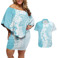 Polynesian Turquoise Plumeria Lei Couples Matching Off Shoulder Short Dress and Hawaiian Shirt with Hammerhead Shark