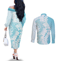 Polynesian Turquoise Plumeria Lei Couples Matching Off The Shoulder Long Sleeve Dress and Long Sleeve Button Shirt with Hammerhead Shark