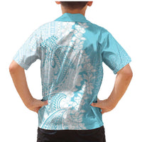 Polynesian Turquoise Plumeria Lei Family Matching Mermaid Dress and Hawaiian Shirt with Hammerhead Shark