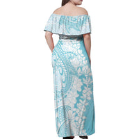 Polynesian Turquoise Plumeria Lei Family Matching Off Shoulder Maxi Dress and Hawaiian Shirt with Hammerhead Shark