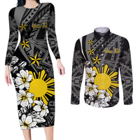 Philippines Sampaguita Personalised Couples Matching Long Sleeve Bodycon Dress and Long Sleeve Button Shirt Women's Day LT7 Black - Polynesian Pride