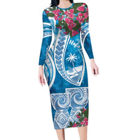 Hafa Adai Guam Family Matching Long Sleeve Bodycon Dress and Hawaiian Shirt Crystal Waves LT7 Mom's Dress Blue - Polynesian Pride
