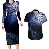New Zealand Aotearoa Matariki Couples Matching Long Sleeve Bodycon Dress and Hawaiian Shirt Starry Silver Fern LT7 Galaxy - Polynesian Pride