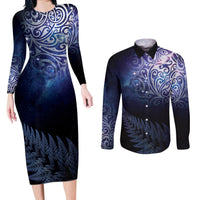 New Zealand Aotearoa Matariki Couples Matching Long Sleeve Bodycon Dress and Long Sleeve Button Shirt Starry Silver Fern LT7 Galaxy - Polynesian Pride