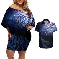 New Zealand Aotearoa Matariki Couples Matching Off Shoulder Short Dress and Hawaiian Shirt Starry Silver Fern LT7 Galaxy - Polynesian Pride
