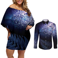 New Zealand Aotearoa Matariki Couples Matching Off Shoulder Short Dress and Long Sleeve Button Shirt Starry Silver Fern LT7 Galaxy - Polynesian Pride