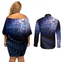 New Zealand Aotearoa Matariki Couples Matching Off Shoulder Short Dress and Long Sleeve Button Shirt Starry Silver Fern LT7 - Polynesian Pride