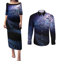 New Zealand Aotearoa Matariki Couples Matching Puletasi and Long Sleeve Button Shirt Starry Silver Fern LT7 Galaxy - Polynesian Pride