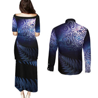 New Zealand Aotearoa Matariki Couples Matching Puletasi and Long Sleeve Button Shirt Starry Silver Fern LT7 - Polynesian Pride