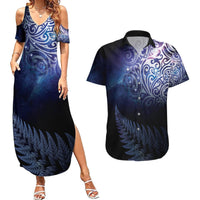 New Zealand Aotearoa Matariki Couples Matching Summer Maxi Dress and Hawaiian Shirt Starry Silver Fern LT7 Galaxy - Polynesian Pride