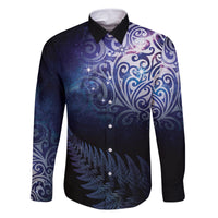 New Zealand Aotearoa Matariki Family Matching Off Shoulder Short Dress and Hawaiian Shirt Starry Silver Fern LT7 Dad's Shirt - Long Sleeve Galaxy - Polynesian Pride