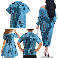 Bula Fiji Family Matching Off The Shoulder Long Sleeve Dress and Hawaiian Shirt Shark Tail Turquoise Masi Tapa